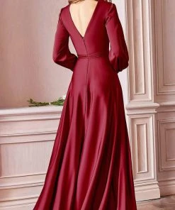 Cinderella Divine - 7475 Plunging V Neck High Slit Long Dress Formal Gowns