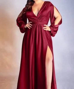 Formal Gowns Cinderella Divine - 7475C Plunging V Neck High Slit Long Evening Dress