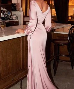 Cinderella Divine - 7478 Long Sleeve High Slit Draped Evening Dress