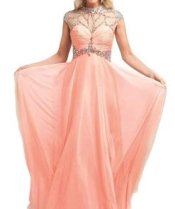Cinderella Divine - 7959 Sheer Embellished Ruched High Neck Evening Dress Formal Gowns