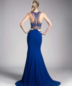 Formal Gowns Cinderella Divine - 84001 Sequined Floral Illusion Banded Trumpet Gown