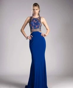 Formal Gowns Cinderella Divine - 84001 Sequined Floral Illusion Banded Trumpet Gown