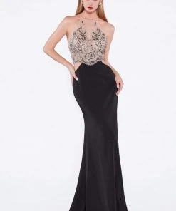 Cinderella Divine - 84174 Beaded Halter Sheath Dress Formal Gowns