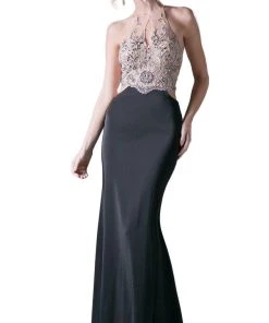 Cinderella Divine - 84174 Beaded Halter Sheath Dress Formal Gowns