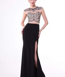 Cinderella Divine - 8786 Beaded Illusion Sheath Dress With Slit
