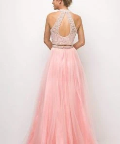 Cinderella Divine - 8994 Beaded Illusion High Halter A-Line Gown Formal Gowns