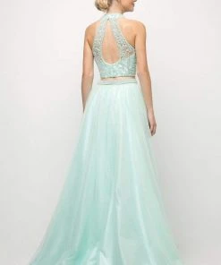 Cinderella Divine - 8994 Beaded Illusion High Halter A-Line Gown Formal Gowns