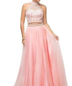 Cinderella Divine - 8994 Beaded Illusion High Halter A-Line Gown Formal Gowns