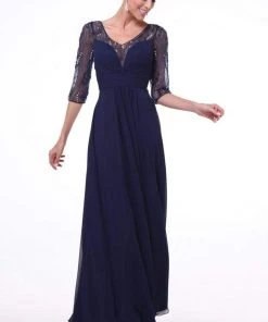 Cinderella Divine - 967 Sheer Quarter Length Sleeve Ruched A-line Dress