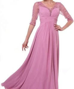 Cinderella Divine - 967 Sheer Quarter Length Sleeve Ruched A-line Dress