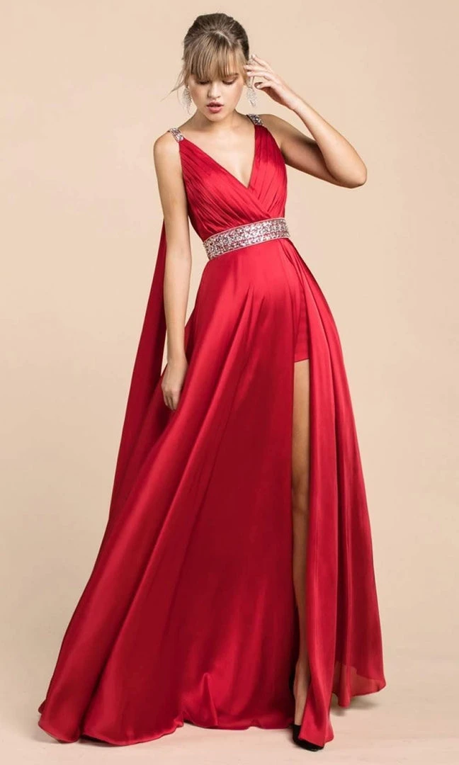 Cinderella Divine - A0065 Satin High Slit Caped Evening Gown 11 Cinderella Divine - A0065 Satin High Slit Caped Evening Gown