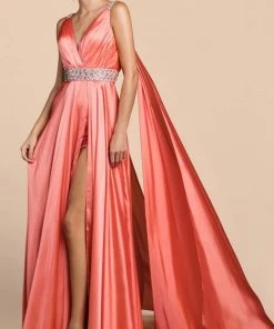 Cinderella Divine - A0065 Satin High Slit Caped Evening Gown 19 Cinderella Divine - A0065 Satin High Slit Caped Evening Gown