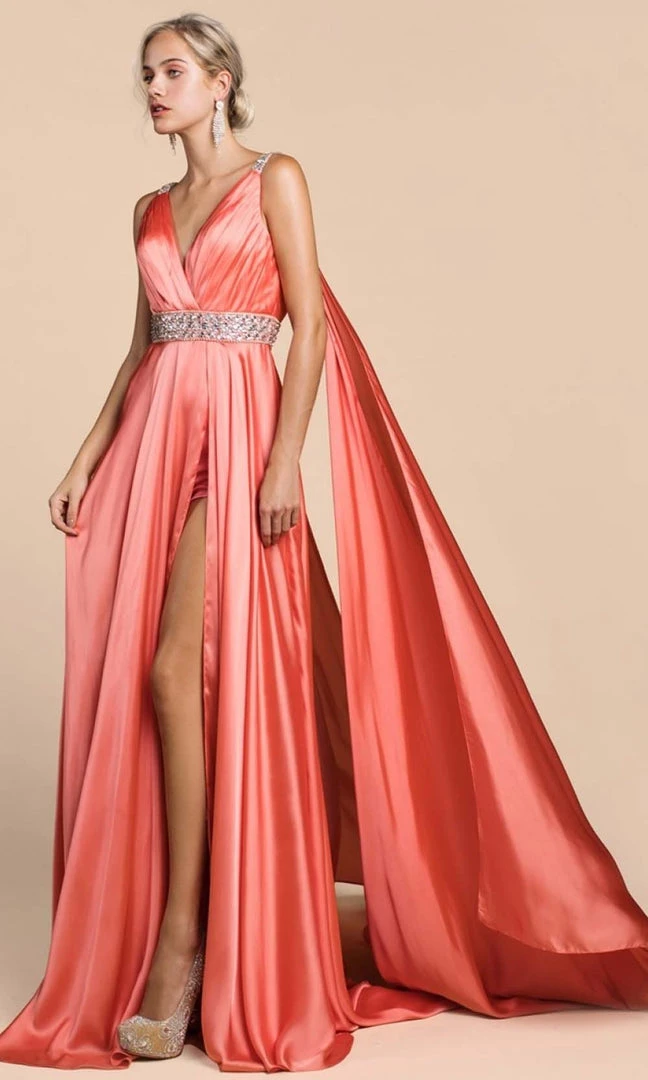 Cinderella Divine - A0065 Satin High Slit Caped Evening Gown 7 Cinderella Divine - A0065 Satin High Slit Caped Evening Gown