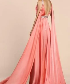 Cinderella Divine - A0065 Satin High Slit Caped Evening Gown 20 Cinderella Divine - A0065 Satin High Slit Caped Evening Gown