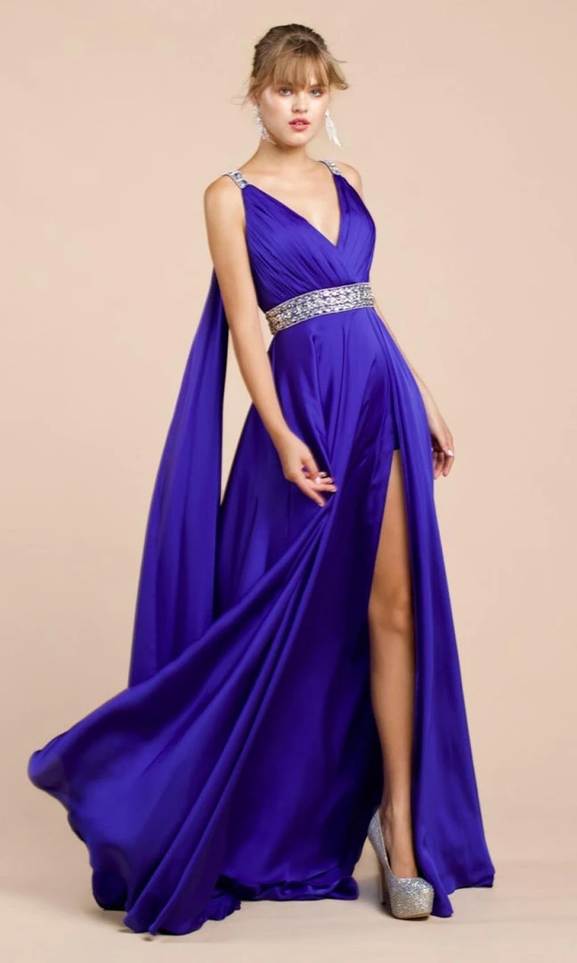 Cinderella Divine - A0065 Satin High Slit Caped Evening Gown 14 Cinderella Divine - A0065 Satin High Slit Caped Evening Gown
