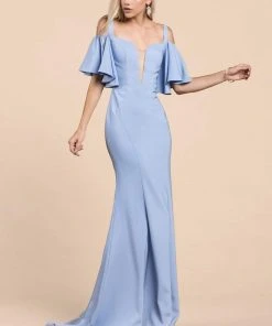 Cinderella Divine - A0079 Cold Off-Shoulder Flair Sleeves Mermaid Gown Formal Gowns