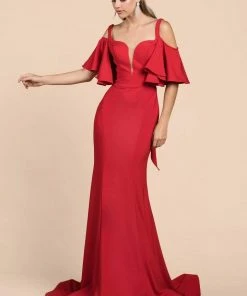 Cinderella Divine - A0079 Cold Off-Shoulder Flair Sleeves Mermaid Gown Formal Gowns