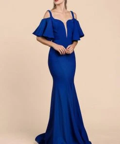 Cinderella Divine - A0079 Cold Off-Shoulder Flair Sleeves Mermaid Gown Formal Gowns