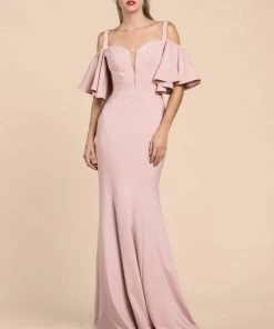 Cinderella Divine - A0079 Cold Off-Shoulder Flair Sleeves Mermaid Gown Formal Gowns