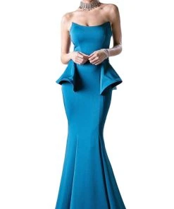 Cinderella Divine - A9003 Strapless Peplum Ornate Mermaid Evening Gown Formal Gowns