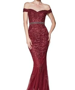 Cinderella Divine - AM122 Off Shoulder Beaded Lace Appliqued Gown Formal Gowns
