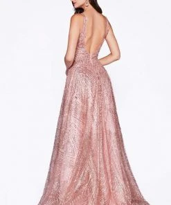 Cinderella Divine - AM258 Embellished Deep V-neck A-line Gown Formal Gowns