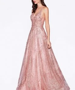 Cinderella Divine - AM258 Embellished Deep V-neck A-line Gown Formal Gowns