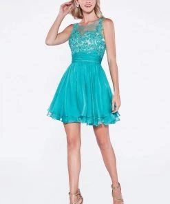 Cocktail Dresses Cinderella Divine - Appliqued Illusion Scoop Neck Cocktail Dress