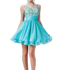 Cocktail Dresses Cinderella Divine - Appliqued Illusion Scoop Neck Cocktail Dress