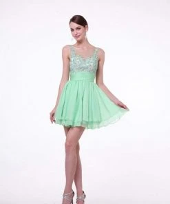 Cocktail Dresses Cinderella Divine - Appliqued Illusion Scoop Neck Cocktail Dress