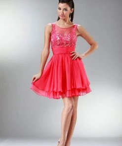 Cocktail Dresses Cinderella Divine - Appliqued Illusion Scoop Neck Cocktail Dress