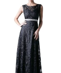 Cinderella Divine - 3878 Bateau Neck Sleeveless A-line Lace Evening Dress Formal Gowns