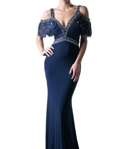Cinderella Divine - Beaded Cold Shoulder Sheath Evening Gown Formal Gowns