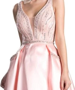 Cinderella Divine - Beaded Deep V-neck Satin Evening Gown Formal Gowns