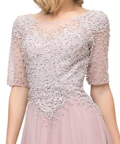 Cinderella Divine - Beaded Lace Bateau A-line Dress With Train U101 - 1 Pc Peach In Size 8 Available Formal Gowns