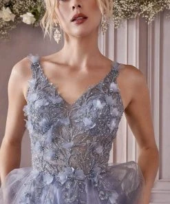 Formal Gowns Cinderella Divine - Beaded V-Neck Tulle Prom Dress CD0181 - 1 Pc Smoky Blue In Size S Available