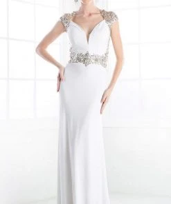 Formal Gowns Cinderella Divine - Bedazzled Deep V-neck Fitted Dress