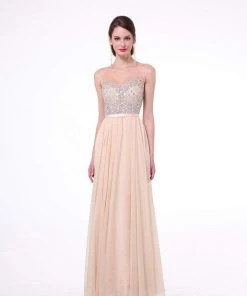 Cinderella Divine - CJ90 Bejeweled Illusion Bodice A-Line Evening Gown