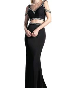 Cinderella Divine - Bejeweled Two Piece V-neck Fitted Dress Formal Gowns