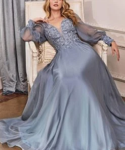Cinderella Divine - Bishop Sleeve Applique Prom Dress CD0183 - 1 Pc Smoky Blue In Size L Available Formal Gowns