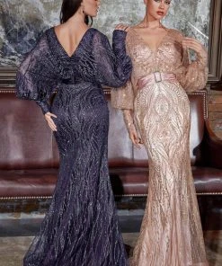 Cinderella Divine - Bishop Sleeve Glitter Evening Dress J821 Formal Gowns