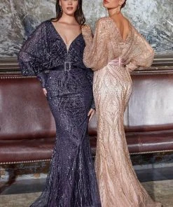 Cinderella Divine - Bishop Sleeve Glitter Evening Dress J821 Formal Gowns