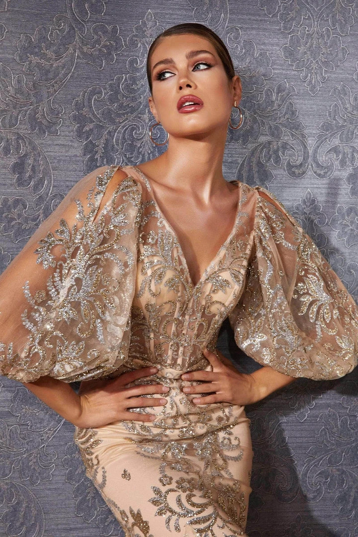 Cinderella Divine - Bishop Sleeve Glitter Evening Dress OC009 Formal Gowns 5 Cinderella Divine - Bishop Sleeve Glitter Evening Dress OC009 Formal Gowns