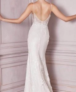 Formal Gowns Cinderella Divine Bridal - CDS403W Floral Appliqued Deep V-neck Wedding Gown - 1 Pc Off-White In Size 8 Available