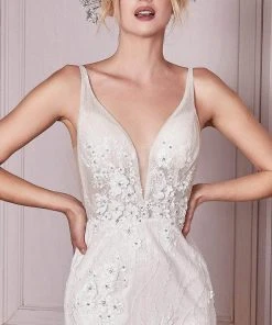 Formal Gowns Cinderella Divine Bridal - CDS403W Floral Appliqued Deep V-neck Wedding Gown - 1 Pc Off-White In Size 8 Available