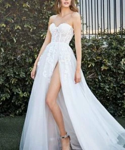 Formal Gowns Cinderella Divine Bridal - Strapless Bustier Applique Tulle Bridal Gown CB065W - 1 Pc Off White In Size 10 Available