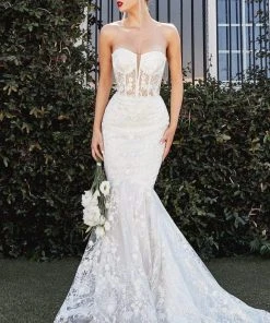 Cinderella Divine Bridal - Strapless Lace Corset Bridal Gown CB066W - 1 Pc Off White In Size 16 Available Formal Gowns