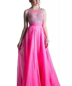 Cinderella Divine - C255 Beaded Bateau Chiffon A-line Gown Formal Gowns