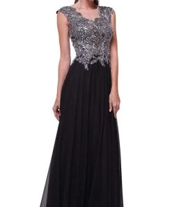 Cinderella Divine - Cap Sleeve Embellished Illusion Lace Gown Formal Gowns