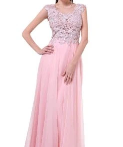 Cinderella Divine - Cap Sleeve Embellished Illusion Lace Gown Formal Gowns